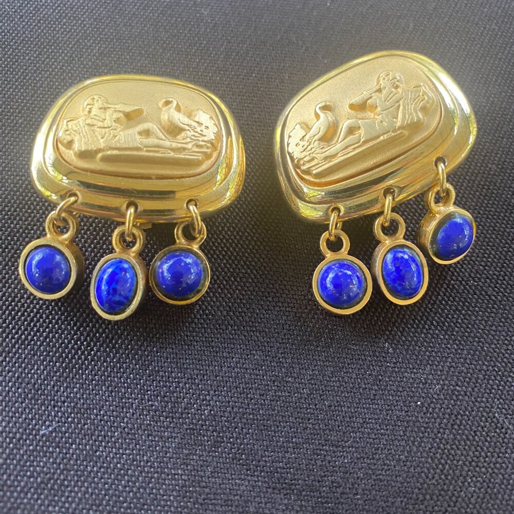 ETRUSCAN REVIVAL Vintage 1980's Gold Tone Clip Earrings Faux Lapis Stones